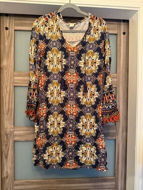 Ariat Navy Geometric Print Tunic with Mustard & Rust Accents
